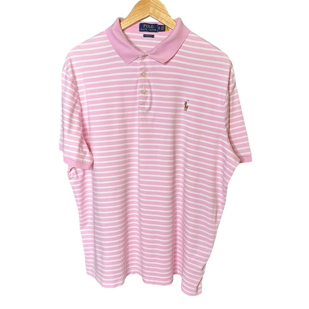 Polo Ralph Lauren Classic Fit Pink & White Striped 3 Button Closure Polo sz XL
